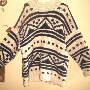 Vtg Handknit Wool Pullover Heavy FIsherman's Sweater - Navy & White XXL